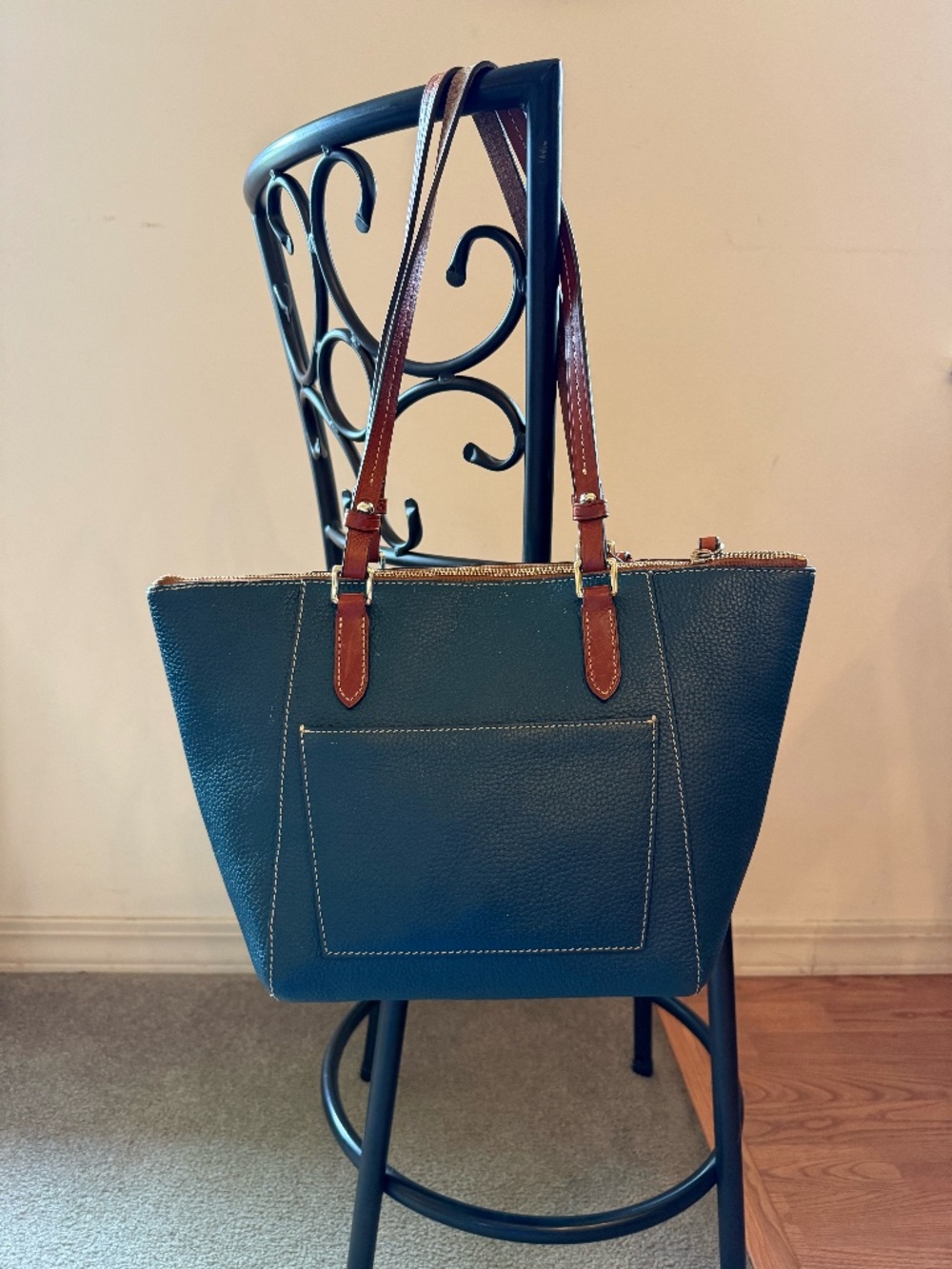 Dooney & Bourke Green/Blue Pebbled Leather Tote with Brown Trim - Picture 2 of 10